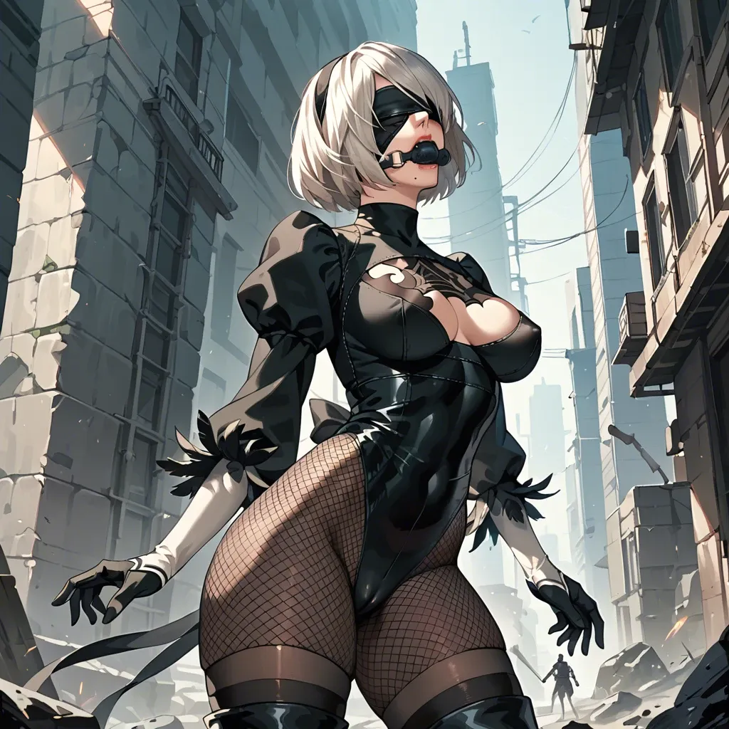 2b, nier automata, black fishnet, transparent bodysuit, thick tights, mouth gag,