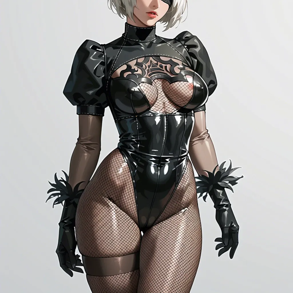 2b, nier automata, black fishnet, transparent bodysuit, thick tights