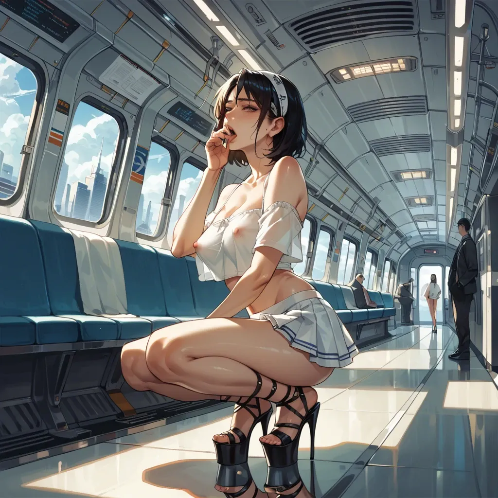 1girl,solo, , , , crouching,hand in mouth,errect nipples,men background,off shoulder, mini skirt,laced,headband,white swimsuit,platform heels, bedroom eyes, train, spaceship, unforgettable, anime coloring, backlit, spider-gwen