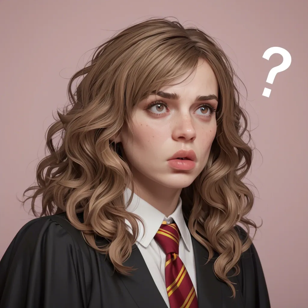 3d, Hermione Granger, black robes, hyper lips, thick lips, confused face, pink question marks