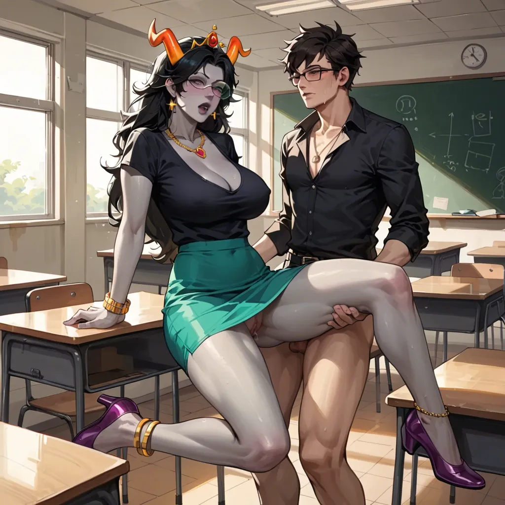 Feferi Peixes, Homestuck, 1 girl 1 boy, classroom, grey skin, horns, glasses, blue-green skirt, magenta shoes, black shirt with Pisces sign, black long hair, tiara, necklaces, bracelets, anklets, big breasts, big ass, black lips, sharp teeth, satisfaction face, beautiful face, creampie, sex, a lot of semen