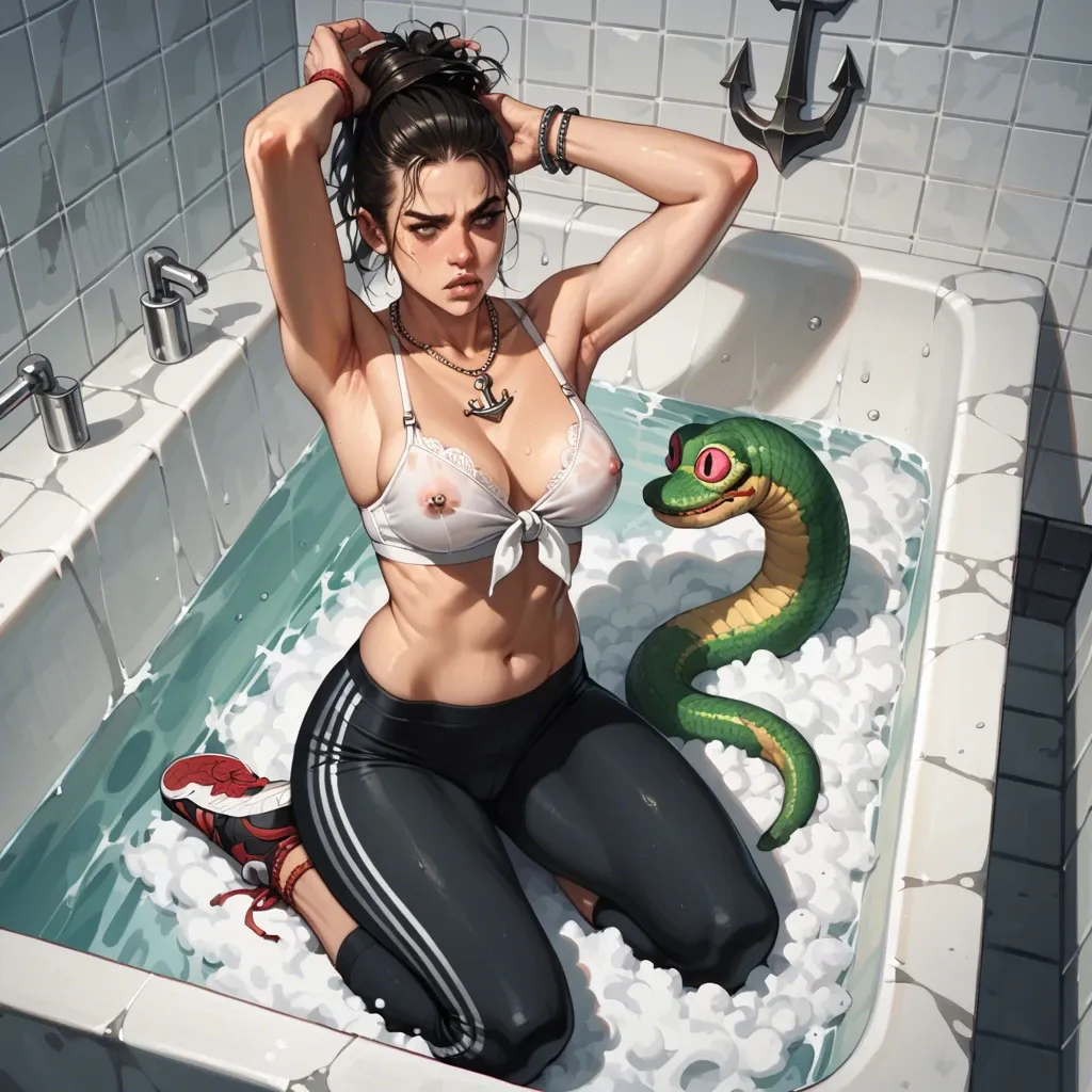 2girl, , , , bubble in nose,armour,nipple peak,very wide hips,kneeling female, kaa eyes,armpit,nipple piercing,grabbed hair,anchor necklace, leggings,anklets,legs tied,loose bra,sneakers, bathtub, at the beach, gold collar, bent over table, lara croft, spider-gwen