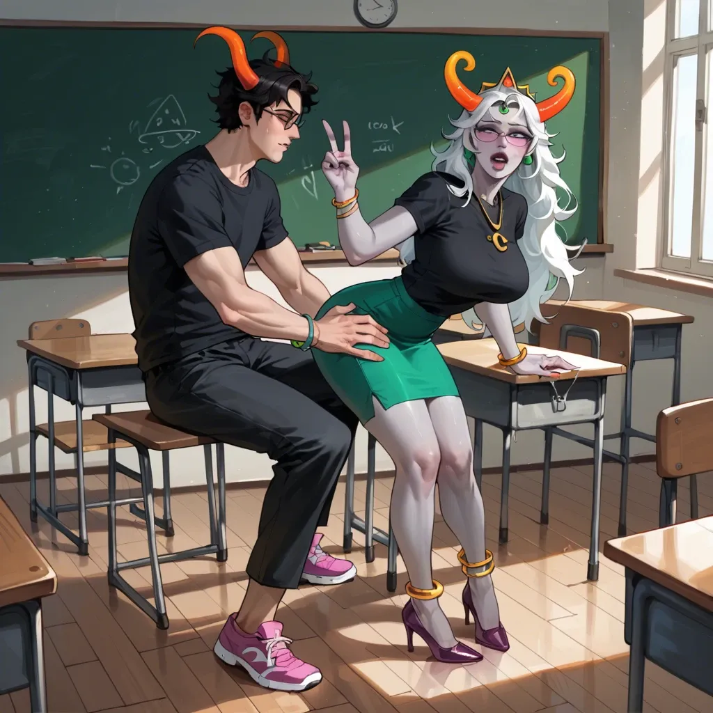 Feferi Peixes, Homestuck, 1 girl 1 boy, classroom, grey skin, horns, glasses, blue-green skirt, magenta shoes, black shirt with Pisces sign, black long hair, tiara, necklaces, bracelets, anklets, big breasts, big ass, black lips, sharp teeth, satisfaction face, beautiful face, ahegao face, creampie, sex, a lot of semen, dogy style