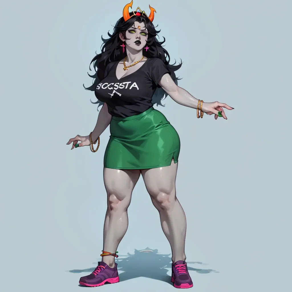 Feferi Peixes, Homestuck, grey skin, horns, blue and green skirt, magenta shoes, black shirt with Pisces sign, black long hair, tiara, necklaces, bracelets, anklets, well build, big breasts, big ass, black lips, sharp teeth, horny,