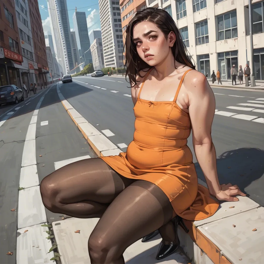 1girl,solo, , , , facial freckles,plump thighs,flat chest,from waist up,perfect skin, big brown eyes,black high heel,round boobs,city background,knee-high socks, orange sundress,black pantyhose,pearl necklace,pulled bra,sneakers, half dressed,socks,white veil,corset piercing,ballet shoes, black skirt,torn pantyhose,belt,panties visible,knee boots, bedroom, gardens, medieval theme, cyborg, robot eyes, highly detailed, bright light, lara croft, ariel waifu