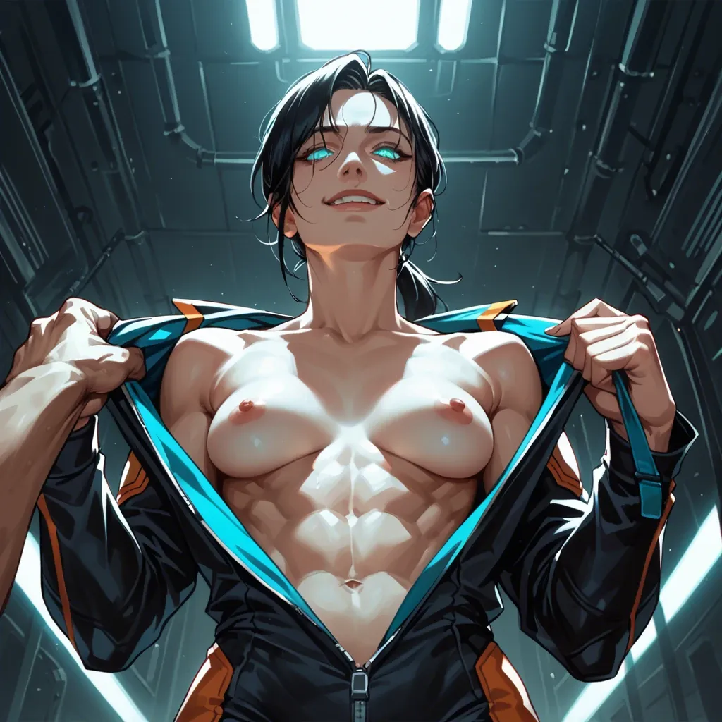 Female, undressing, topless, pale, black hair, ponytail, skinny, muscular, glowing turquoise eyes, flightsuit, sci-fi, staring, yandere, smile, dominant, dark room, male pov, from below