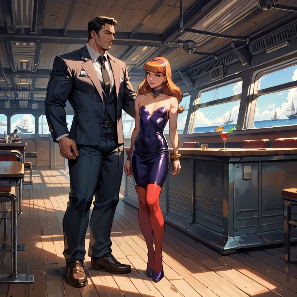 1girl,1boy, , , , watching,cellulite arms,flat chest,ship deck,golden necklace, cocktail dress,red stockings,detached collar,black bodysuit,boots, in classroom, daphne blake, spaceship, snake bondage, lara croft, spider-gwen, ariel waifu