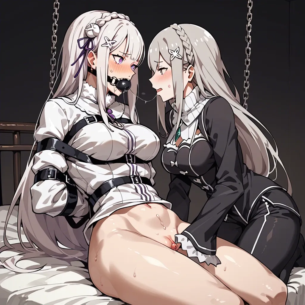 Nsfw, re:zero, emilia, echidna, 1 girl in straitjacket with fur collar and fur trim,  1 girl ball gagged, femdom, dark room, prison cell, lesbian,  1 girl struggling in straitjacket, 1 girl bound, groping, 2 girls, groping