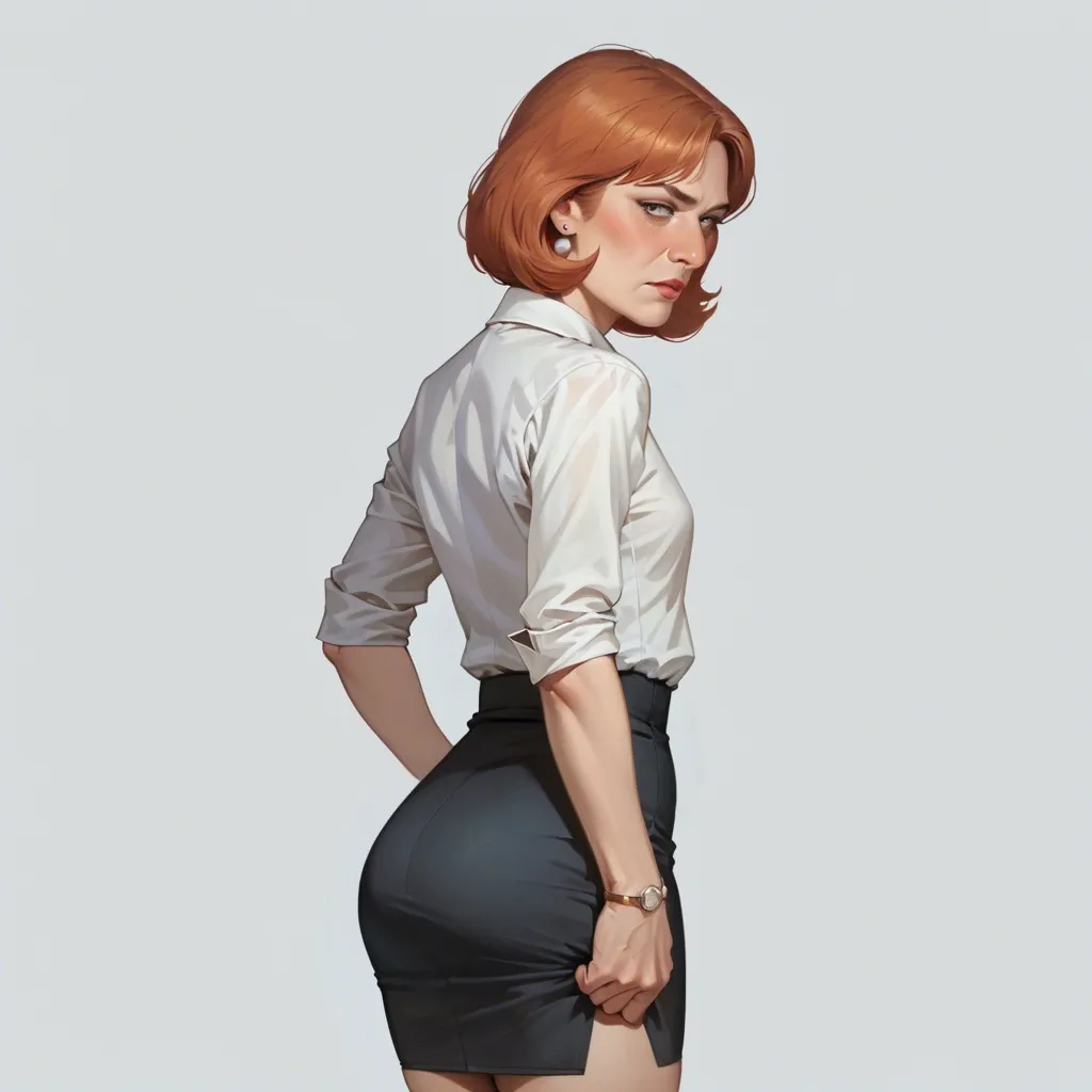 realistic,full detailed,accurate quality,teacher lois griffin,flat chest,blushing,blouse,pencil skirt,rear view,side view