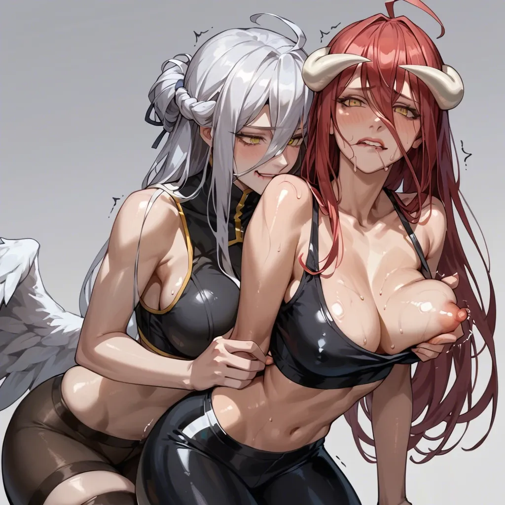 2girls,Albedo,Makima,Trembling,biting lip,grabbing breasts,tongue,shiny skin,black leggings,black sports top,deflection