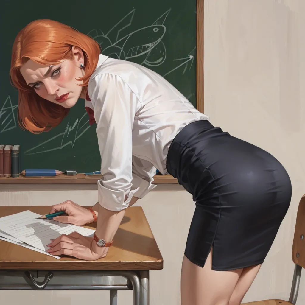 realistic,full detailed,accurate quality,teacher lois griffin,flat chest,blushing,blouse,pencil skirt,bent over on table,rear view,side view