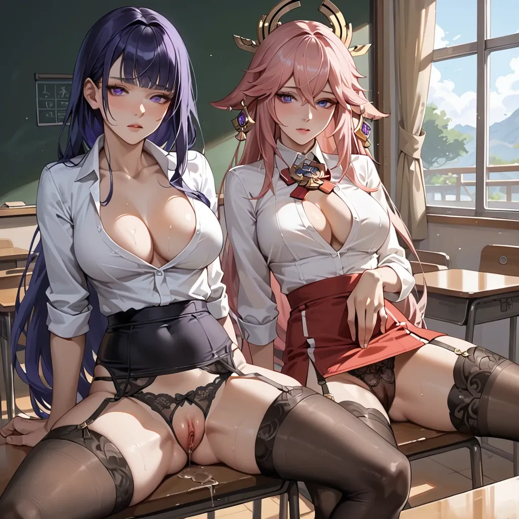 2 girls, Shogun Raiden from Genshin impact, Yae Miko from Genshin impact, tight clothes, gray miniskirt, stockings, medium rounded breasts, cleavage, garter belt, classroom, sitting with legs apart, pussy juice, lace underwear, embarrassed, clear liquid running down legs, semi-realism,