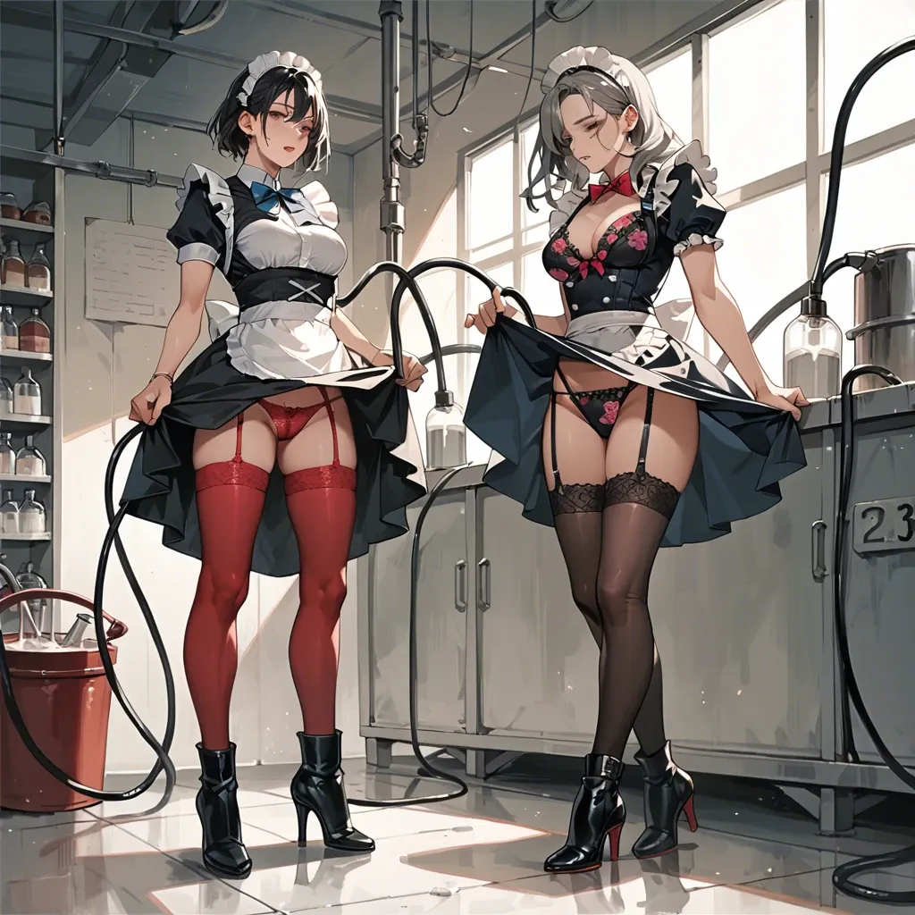 2girl, , , , milking machine,tiptoe,perky boobs,absurdly,neck, maid dress,lace panties,blue bowtie,tight swimsuit,heels, skirt lift,red stockings,belt,floral bikini,black boots, grey shirt,socks,collars,black bodysuit,gothic boots, library stacks, bathing in lake, phone screen, android 18, detailed lips, dark blue eyes, princess peach, spider-gwen