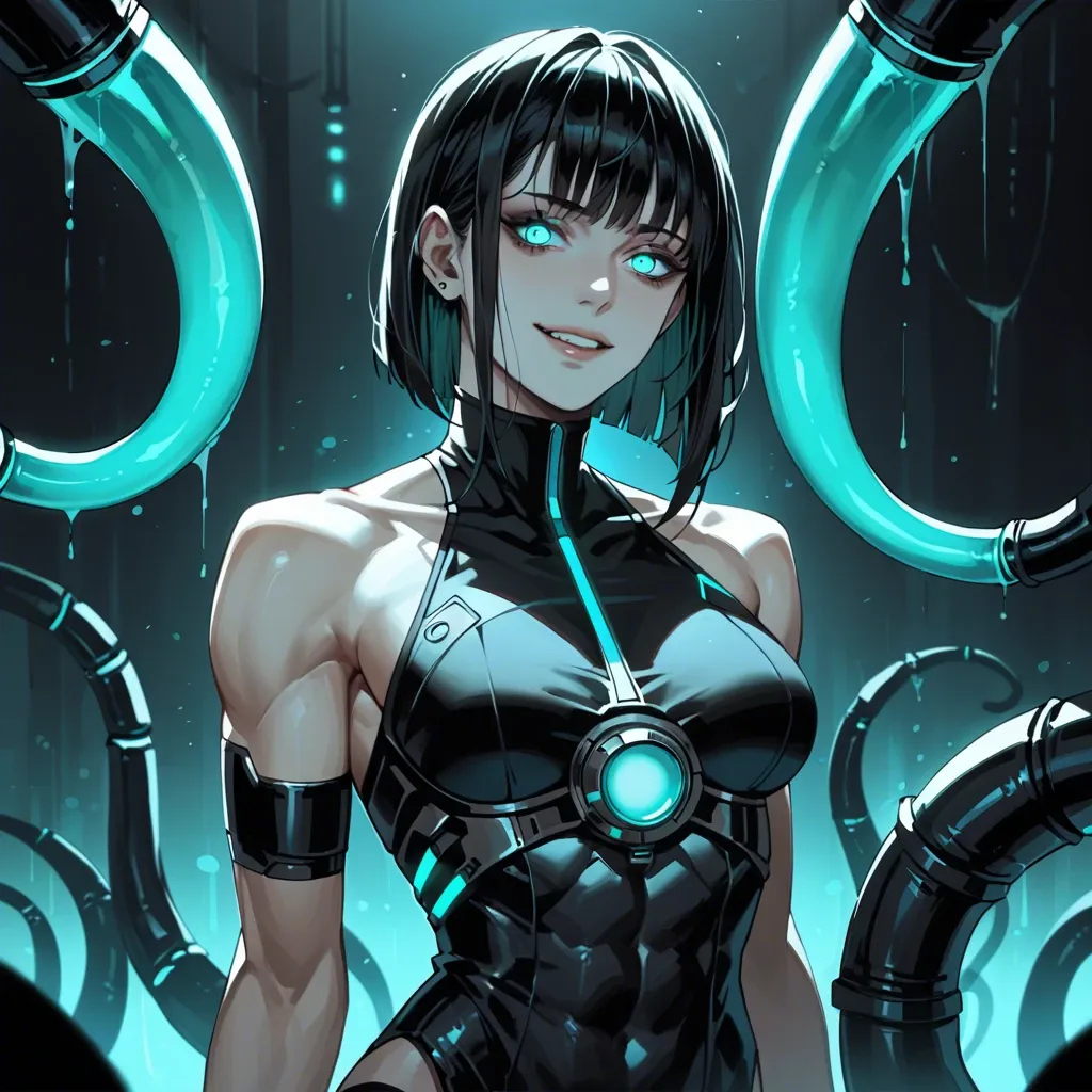 Female, pale, black hair, bangs, skinny, muscular, glowing turquoise eyes, black dress, goth, sci-fi, staring, yandere, smile, black robotic tentacles, turquoise lights, dominant, dark room