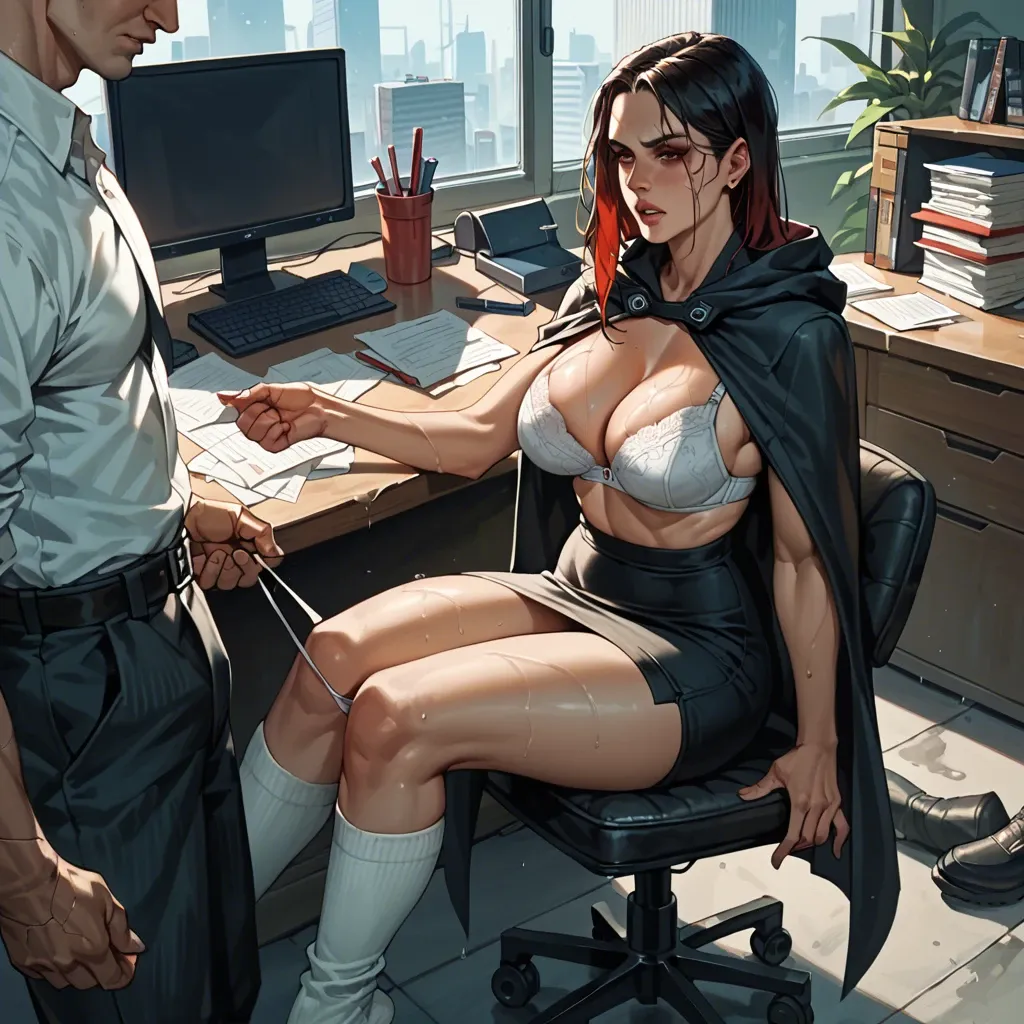 1girl,1boy, , , , red eyes,foot,round boobs,oily breasts,broad shoulders, sweatshirt,white socks,cape,pull wet bra,knee boots, office dress, on the street, cyberpunk, hands on table, royal bedroom, princess zelda, belle, miku hatsune