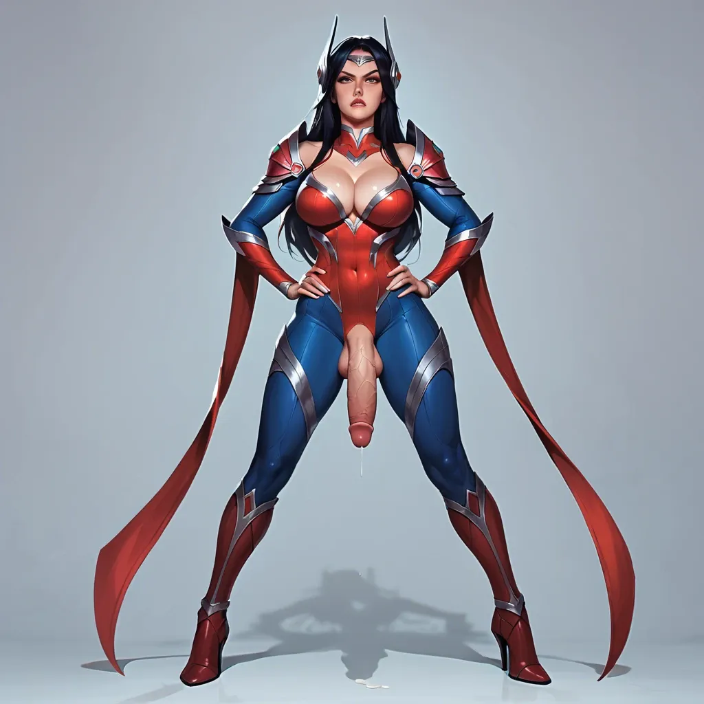 1 futa, Irelia from League Of Legends, Futanari, big penis, flaccid, Irelia bodysuit, red boots with high heels, huge breasts, cleavage, looking at viewer, hands on hips, angry face, taker is invisible, pov, taker pov, view from below, low angle view