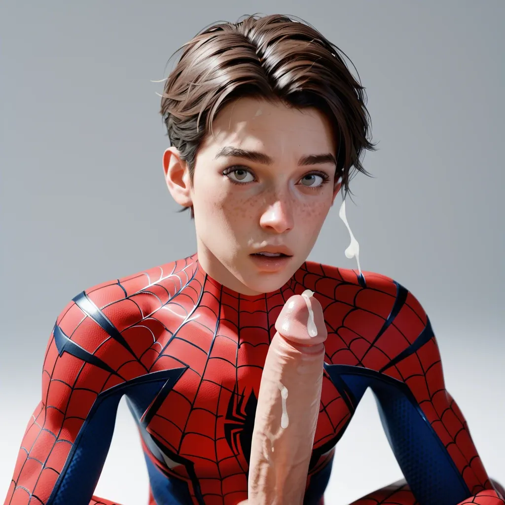 1femboy,3d, Spider-Man(peter parker),brunette,Spider-Man suit,bare face,freckles,adorable male,girly male,skinny male,large penis,penis awe,close-up,pov,facial cum