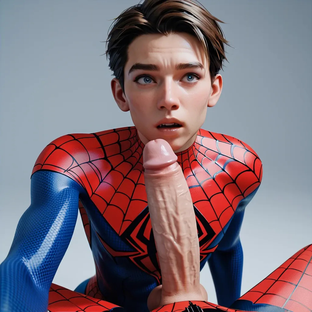 1femboy,3d, Spider-Man, peter parker, Spider-Man outfit, bare face,adorable male,girly male,skinny male,mega penis,huge cock,large penis,penis awe,close-up,pov,jungle