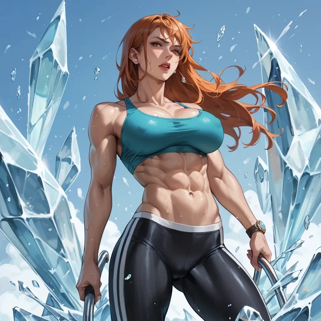 6 pack abs Nami, wear ice staking tights, standing in ice rink