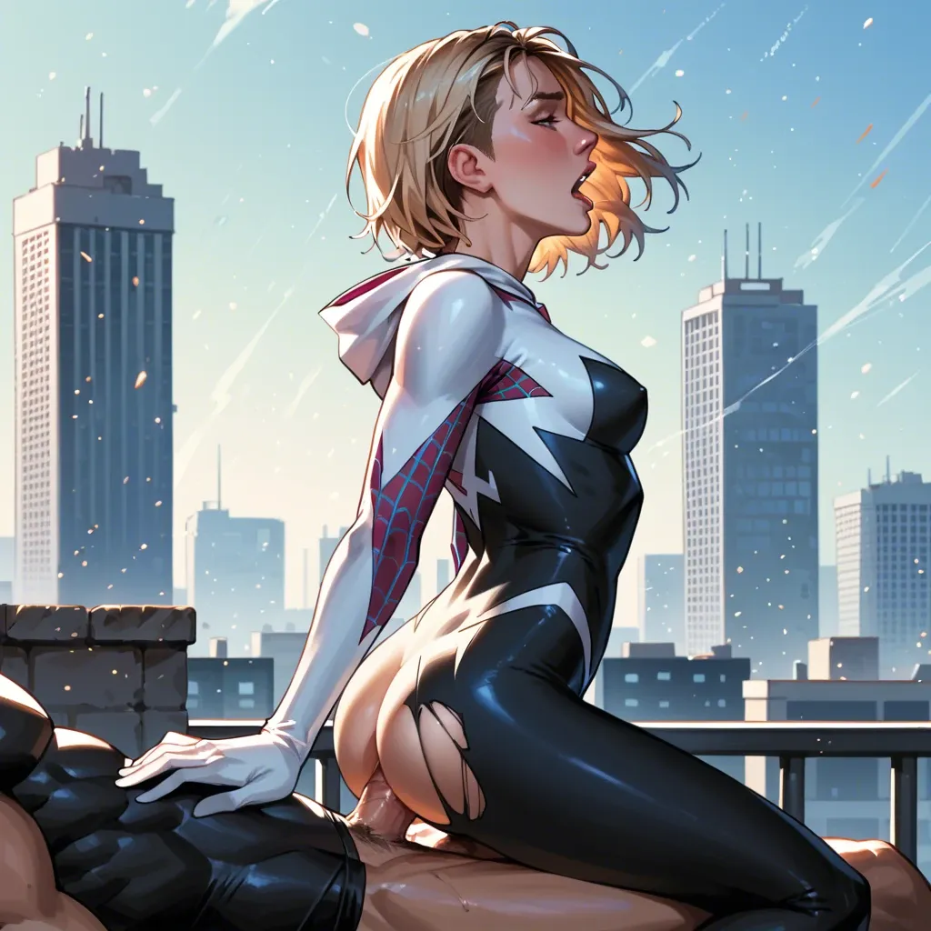 from side, profile, BREAK sidelighting, light particles, city  BREAK 1girl, spider gwen, torn suit, anal sex, cowgirl sex, riding, screaming in pleasure