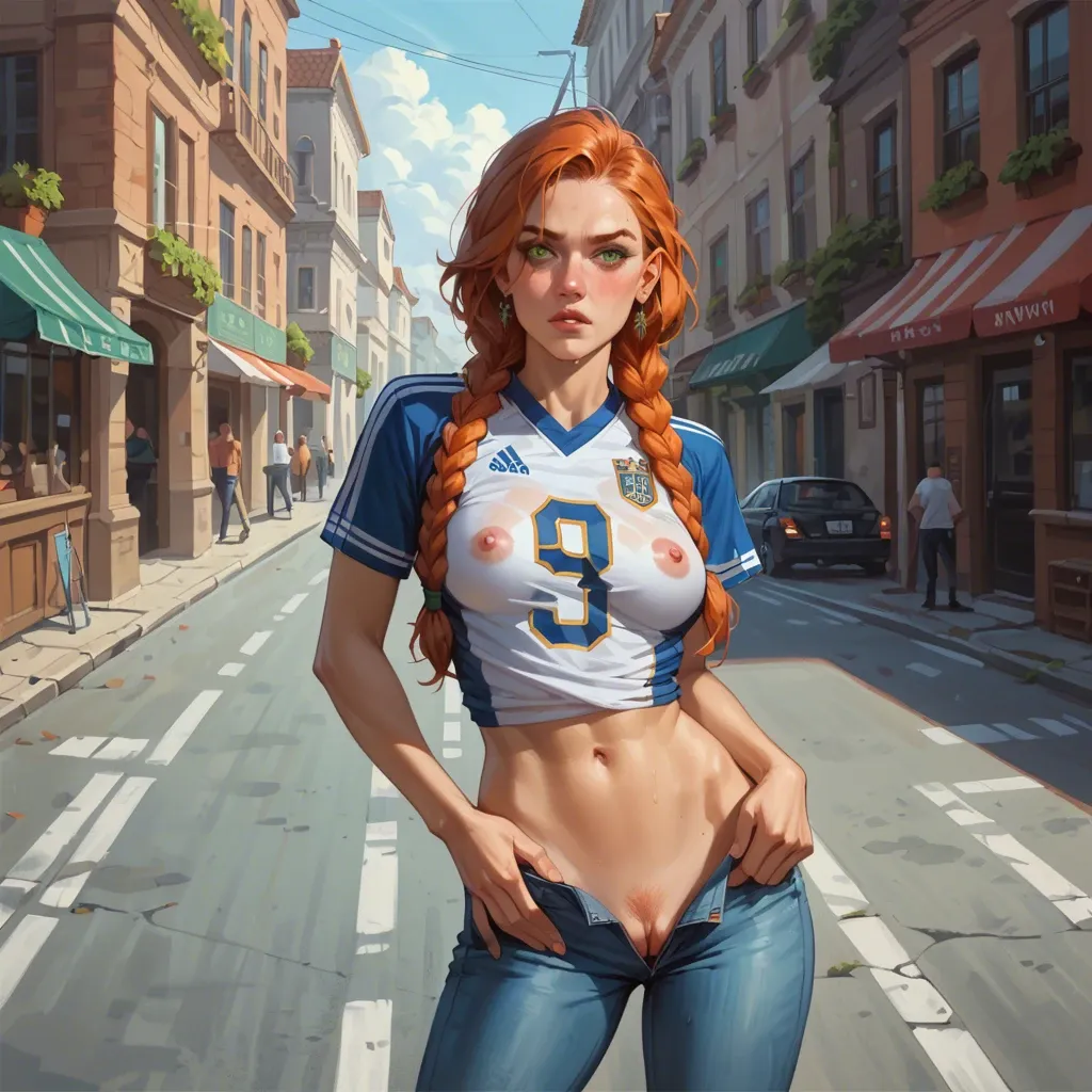 A ginger girl, with ginger eyebrows and hair, her hair is styled in braids. She's beautiful, she has green eyes, she's wearing a Bayern Munich football jersey and some jeans. She's at the streets. She's skinny and slim. Her face has cum and she's sweaty