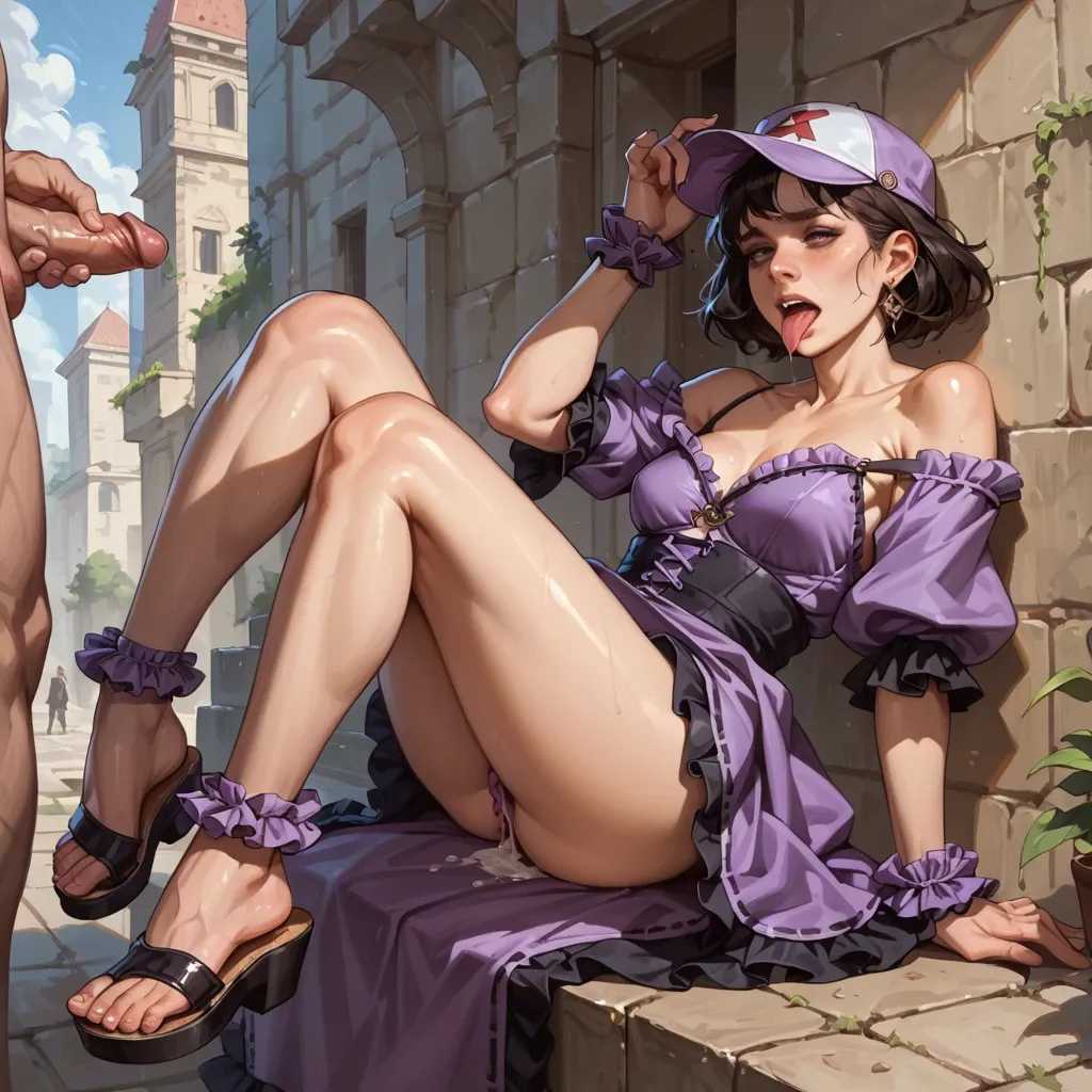 1girl,1boy, , , , high nose,shiny tongue,perky boobs,hunchback,anklets, purple dress,baggy socks,frilled gloves,frilled panties,strappy sandals, robe,stockings,cap,lingerie,white sneakers, street, throne room, riding dildo, zelda, wonder woman