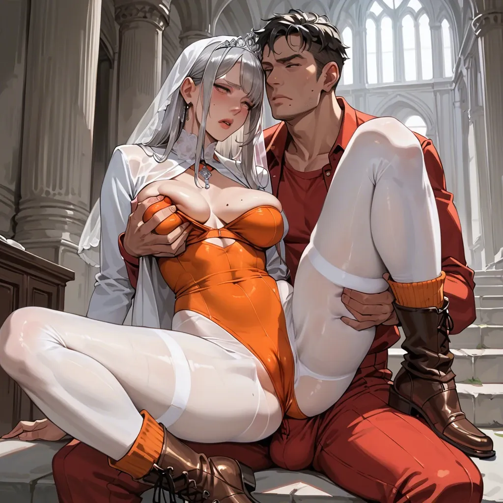 2girl, , , , mole,college student,saggy breast,boob grab,fat neck, red tight pants,white pantyhose,veil,orange leotard,boots, open shirt,leg warmers,silver tiara,undersized bra,no shoes, hotel, city, medieval, spider-gwen, rapunzel waifu