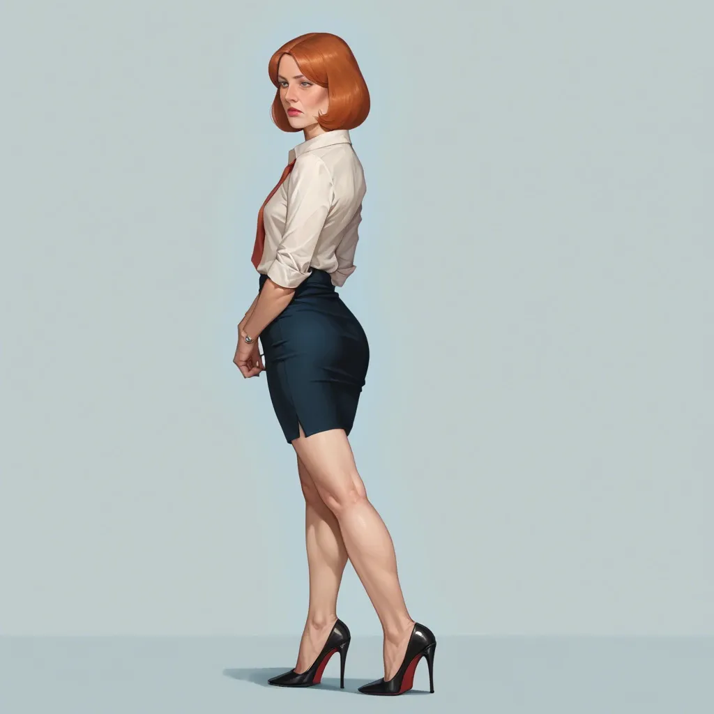 realistic,full detailed,accurate,teacher lois griffin,flat chest,shy,blouse,skirt,high heels,rear view,side view