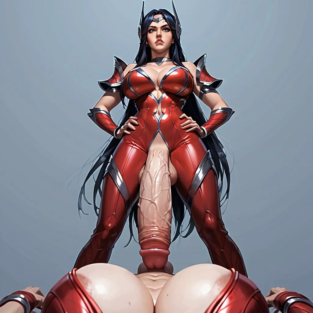 Irelia from League Of Legends, Futanari, big penis, flaccid, Irelia bodysuit, red boots with high heels, huge breasts, cleavage, looking at viewer, hands on hips, angry face, pov, taker pov, view from below, low angle view