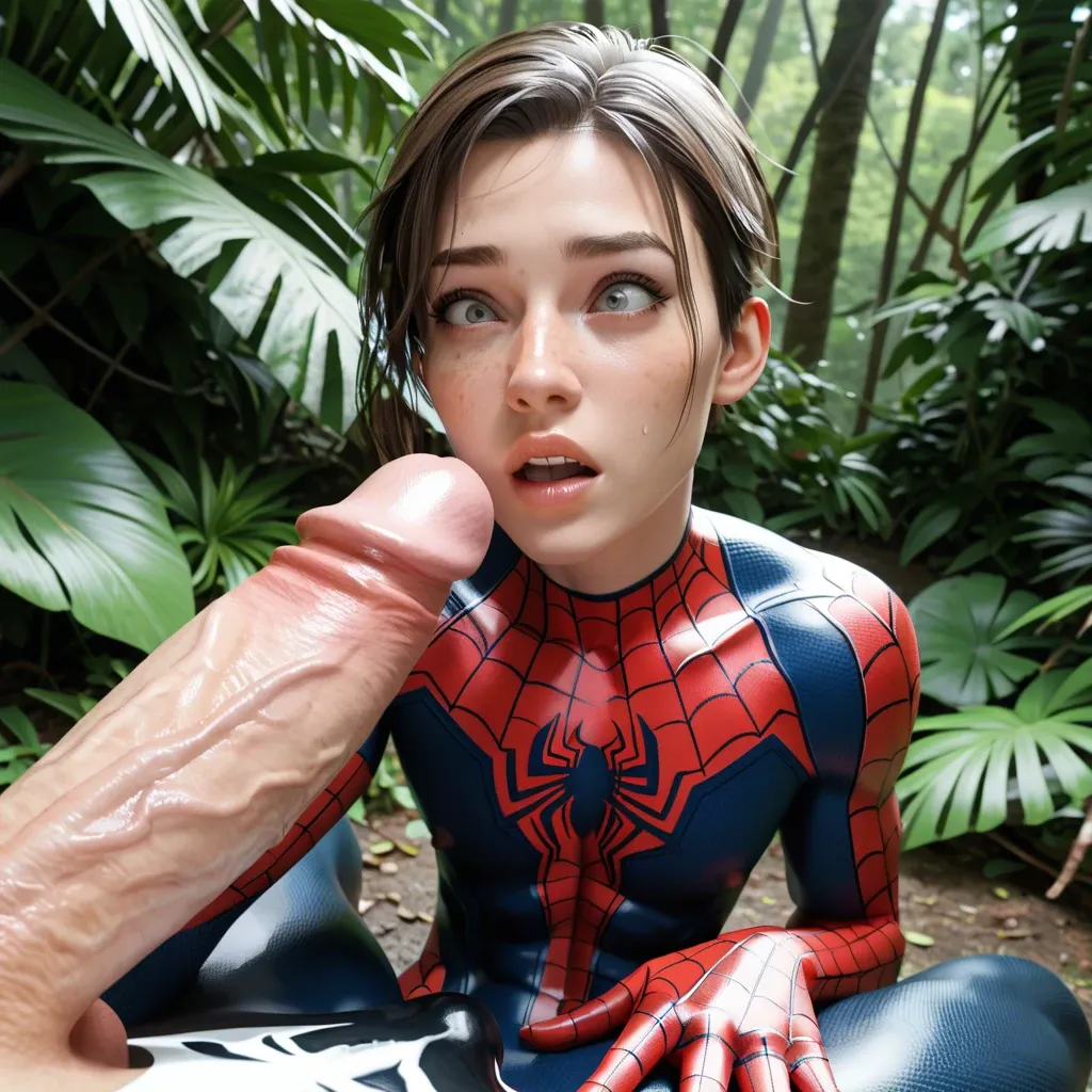 1femboy,3d, Spider-Man (peter parker),Spider-Man outfit, bare face,freckles,brunette,adorable male,girly male,skinny male,jungle,mega penis,penis awe,close-up,pov,venom