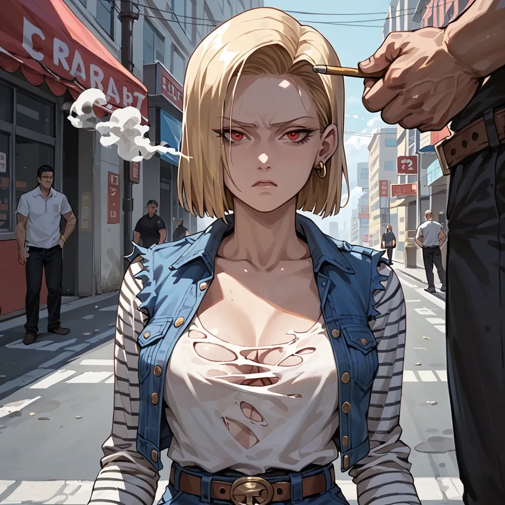 Android 18, torn clothes, confused, thinking, smoke from ears, smoke from head, red eyes, street, getting arrested