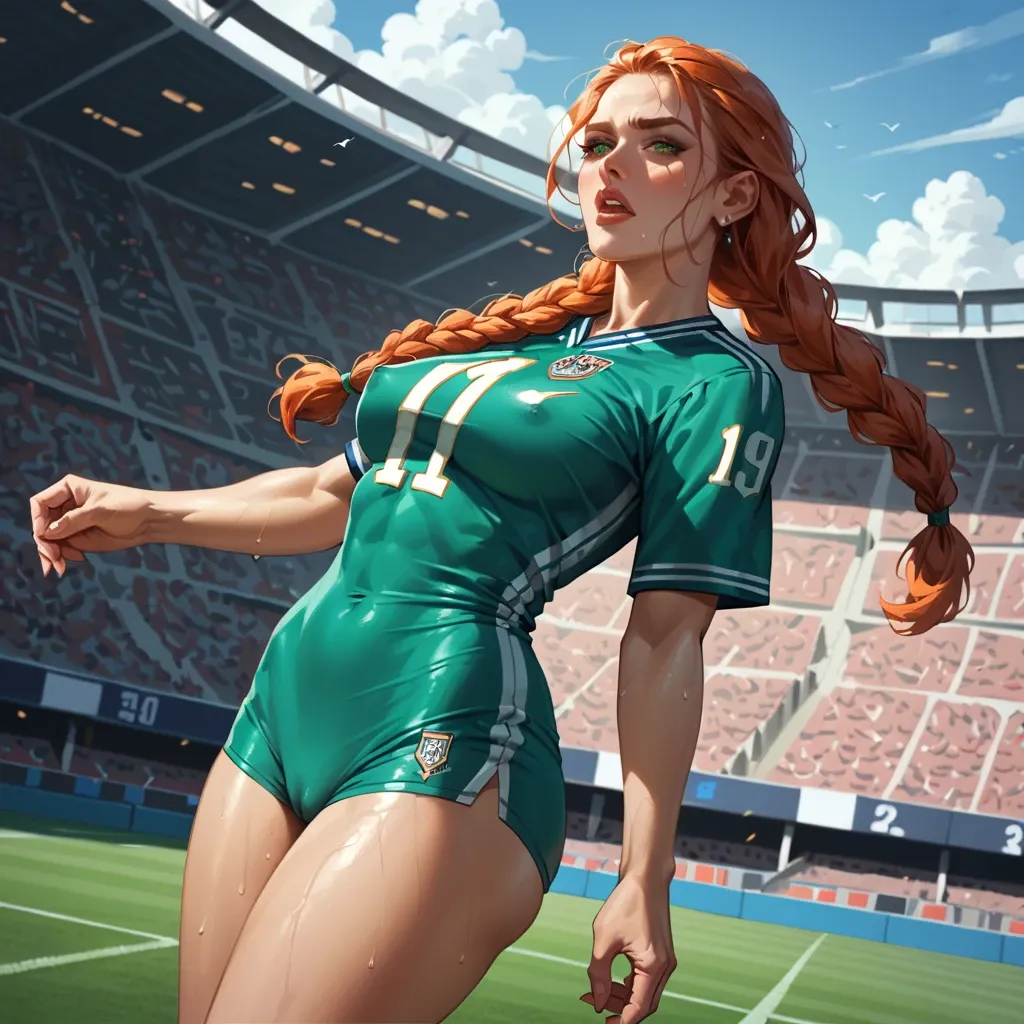 A ginger girl, with ginger eyebrows and hair, her hair is styled in braids. She's beautiful, she has green eyes, she's wearing a Bayern Munich football jersey. She's at the stands of a stadium