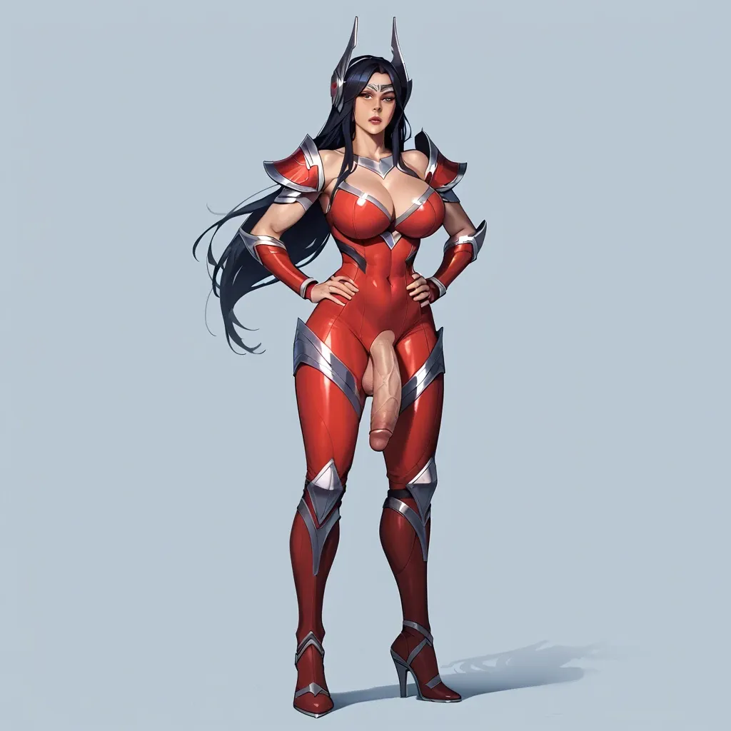 Irelia from League Of Legends, Futanari, big penis, flaccid, Irelia bodysuit, red boots with high heels, huge breasts, cleavage, looking at viewer, hands on hips, angry face, taker is invisible, taker not on screen, pov, taker pov, view from below, low angle view