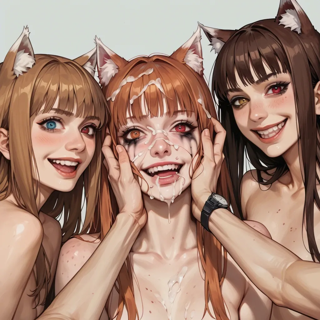 young holo spice and wolf,realistic face,4girls,holding face,heterochromia, skinny, flat chest,freckles,forced to watch, crazy smile, ruined makeup,back view,pov,cum in hair,petite,cute