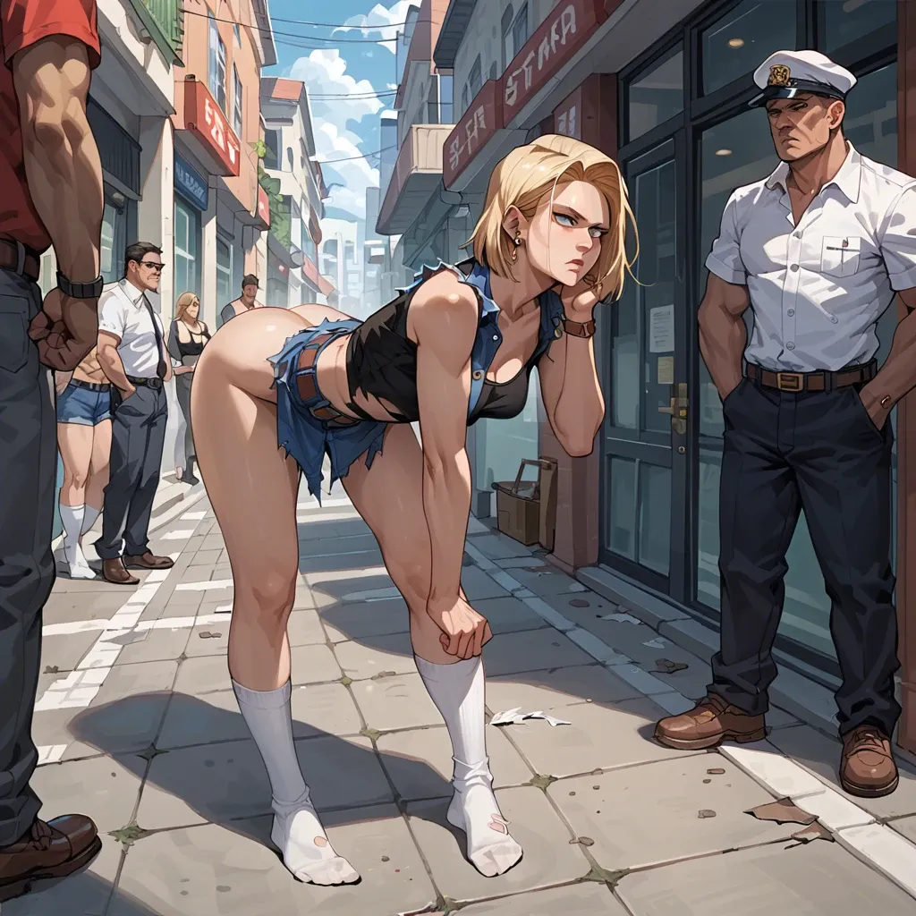 Android 18, torn clothes, long socks, barefoot, confused, thinking, smoke from ears, smoke from head, street, getting arrested, bent over, white long socks, people looking