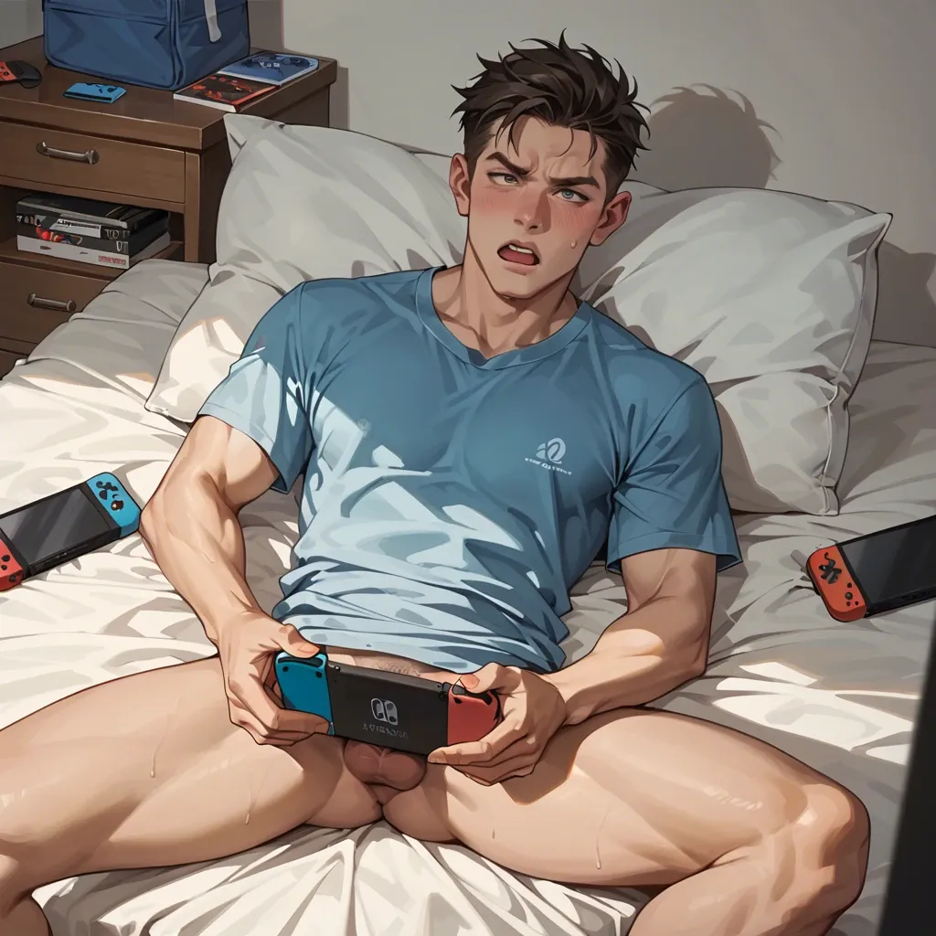 Guy licks on the bed and plays on the  Nintendo Switch, In clothes, a teenager