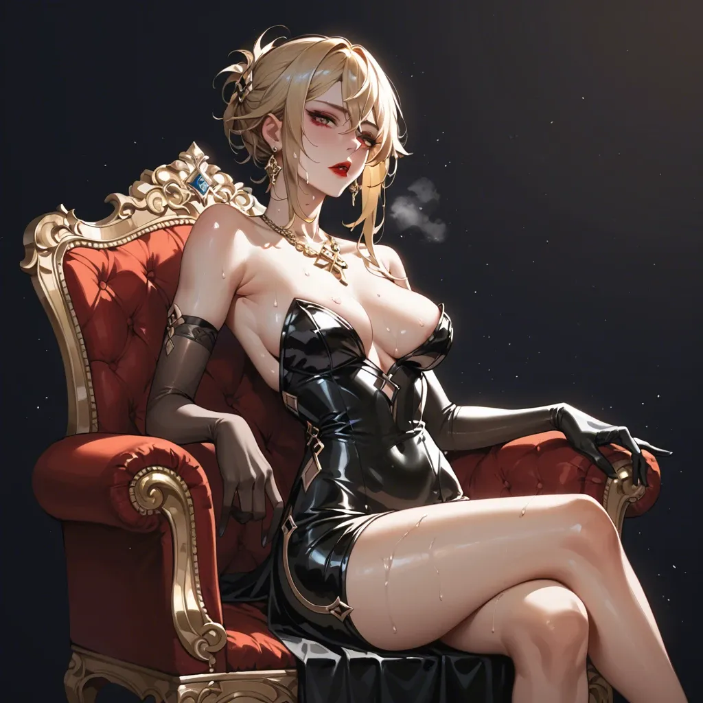 1girl, clorinde, genshin impact, alternative costume, long black tight dress, red lips, elegant long gloves, dark background, sitting on luxurious chair, gold necklace, look aside, cold light, (chest covered), the hem of the dress on the legs