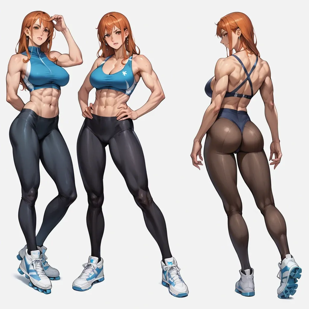 6 pack abs Nami, wear full body ice skating tights, standing in ice rink track