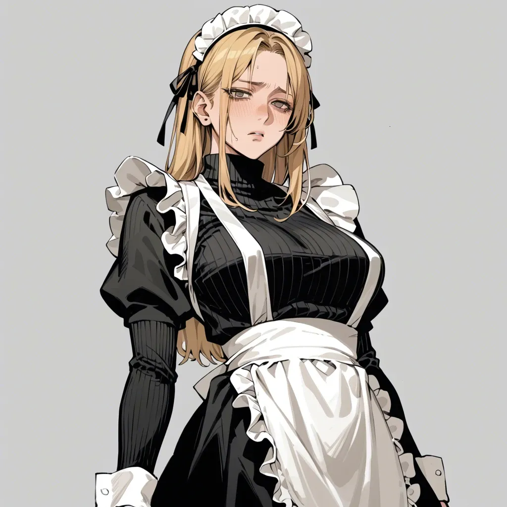 (best quality, masterpiece, highly detailed) anime girl, maid, (long blonde hair), (maid cap), (large breasts), turtleneck sweater, long skirt, apron, (tired expression), manga style, black and white, (oval face), (thin eyebrows), (closed lips)n mouth smile, teeth visible)