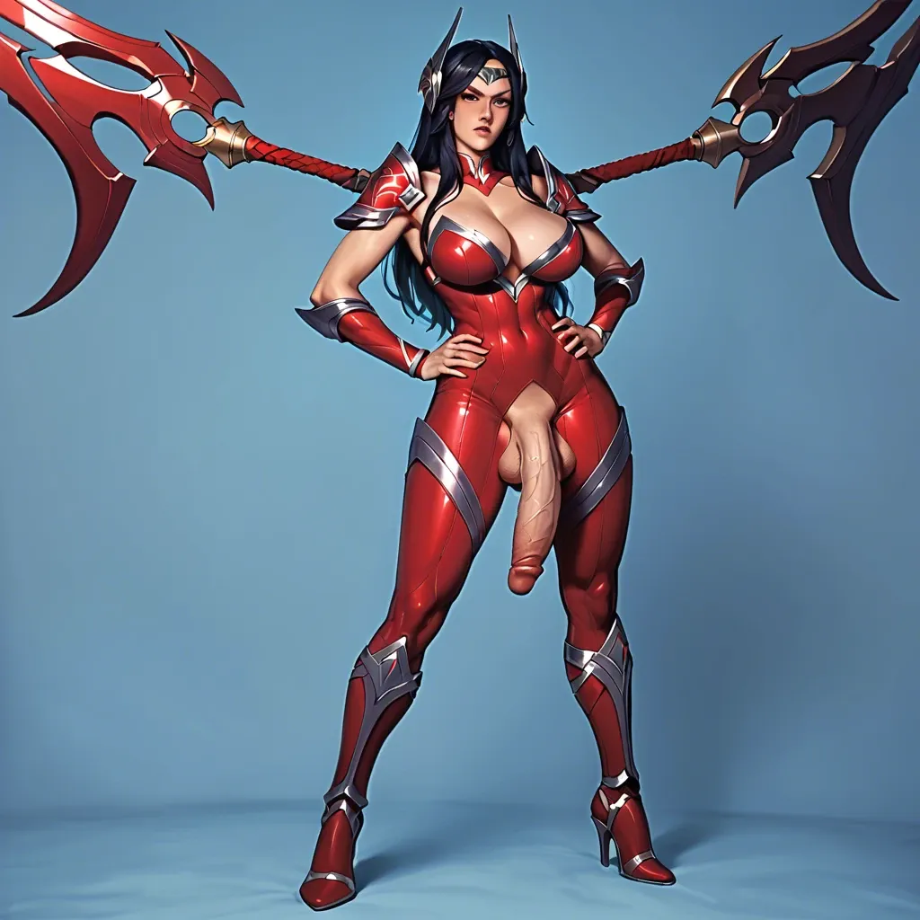 Irelia from League Of Legends, Futanari, big penis, flaccid, Irelia bodysuit, red boots with high heels, huge breasts, cleavage, looking at viewer, hands on hips, angry face, taker is invisible, pov, taker pov, view from below, low angle view