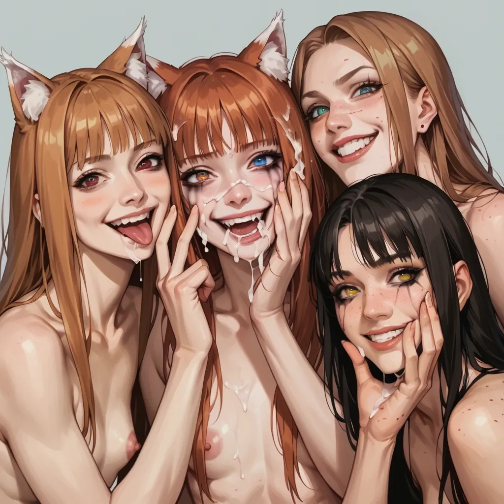 young holo spice and wolf,realistic face,4girls,holding face,heterochromia, skinny, flat chest,freckles,impaled, crazy smile, ruined makeup,cum in hair,petite,cute