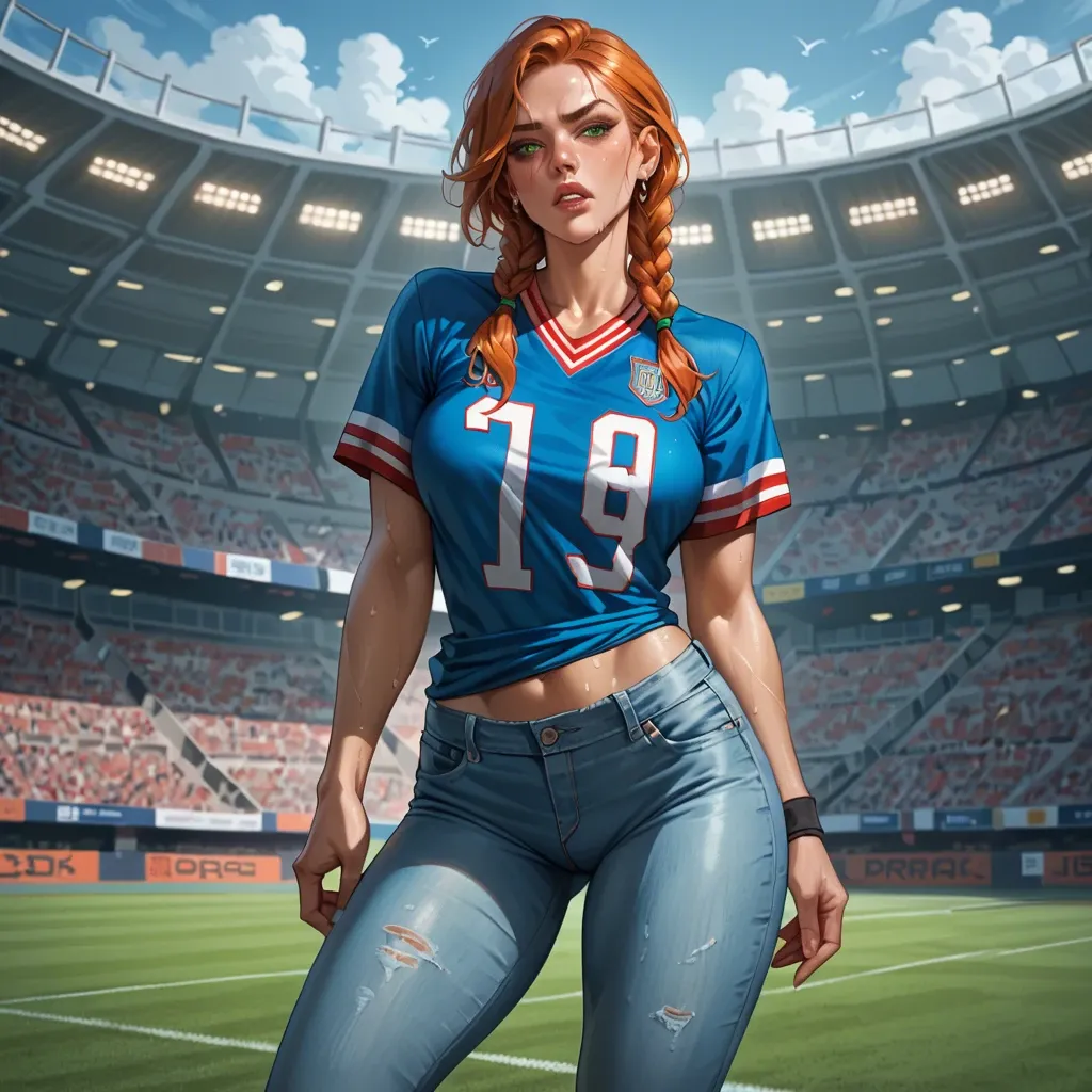 A ginger girl, with ginger eyebrows and hair, her hair is styled in braids. Her face has cum and her body is sweaty She's beautiful, she has green eyes, she's wearing a Bayern Munich football jersey and some jeans. She's at the streets. She's skinny and slim.