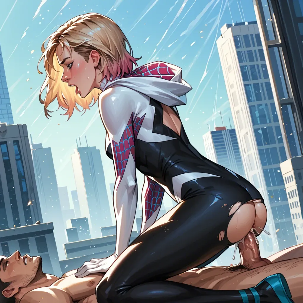 from side, profile, BREAK sidelighting, light particles, city  BREAK 1girl, spider gwen, torn suit, anal sex, cowgirl sex, riding, screaming in pleasure