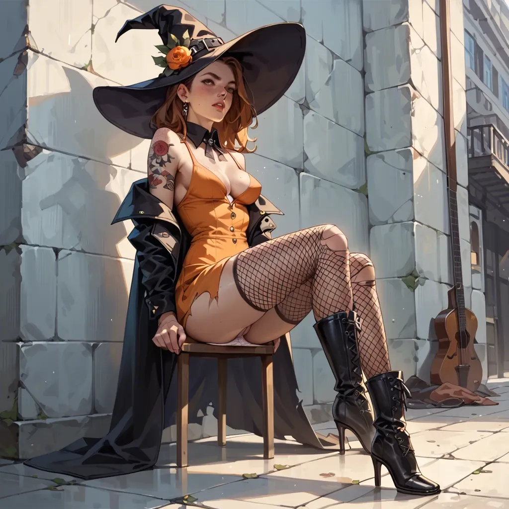 2girl, , , , freckles,love handles,firm breasts,thin waists,shoulder tattoo, jacket,torn pantyhose,witch hat,panties aside,knee boots, orange sundress,fishnet sleeve,detached collar,panties down,high heels, cyberpunk, multiple dildos, computers, photo-realistic, golden hour, linked collars, wonder woman, rapunzel waifu