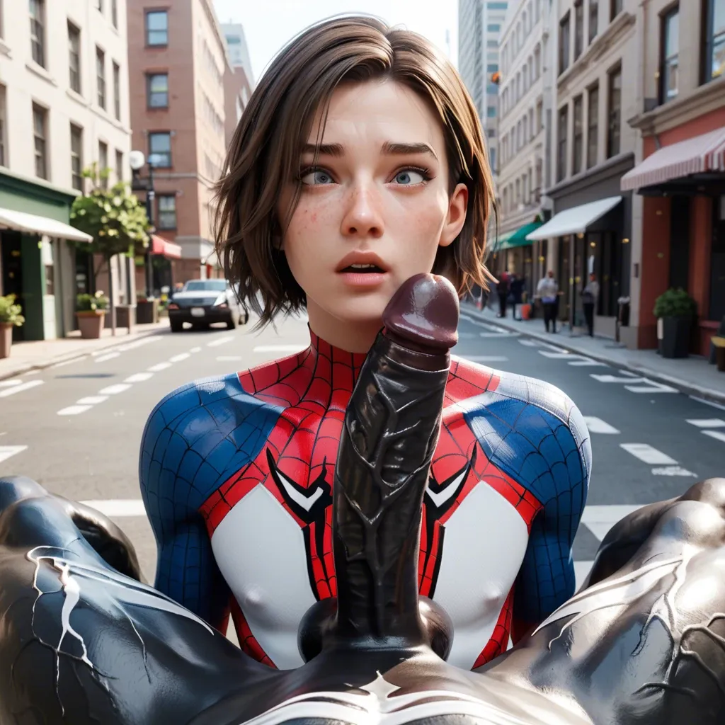 1femboy,3d, Spider-Man (peter parker),brunette, dressed, bare face,freckles,adorable male,girly male,skinny male,large penis,penis awe,close-up,pov,venom penis