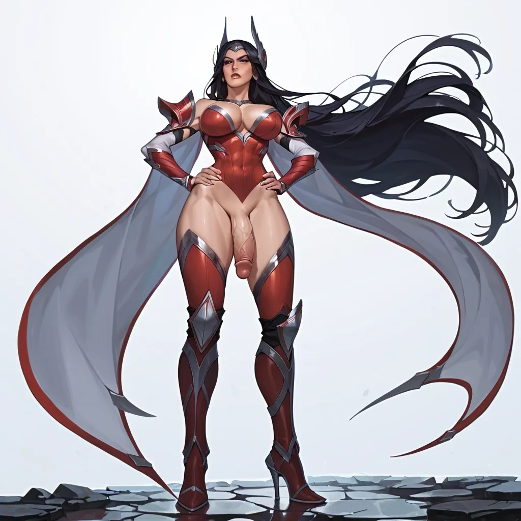 Irelia from League Of Legends, Futanari, big penis, flaccid, Irelia bodysuit, red boots with high heels, huge breasts, cleavage, looking at viewer, hands on hips, angry face, view from below, low angle view