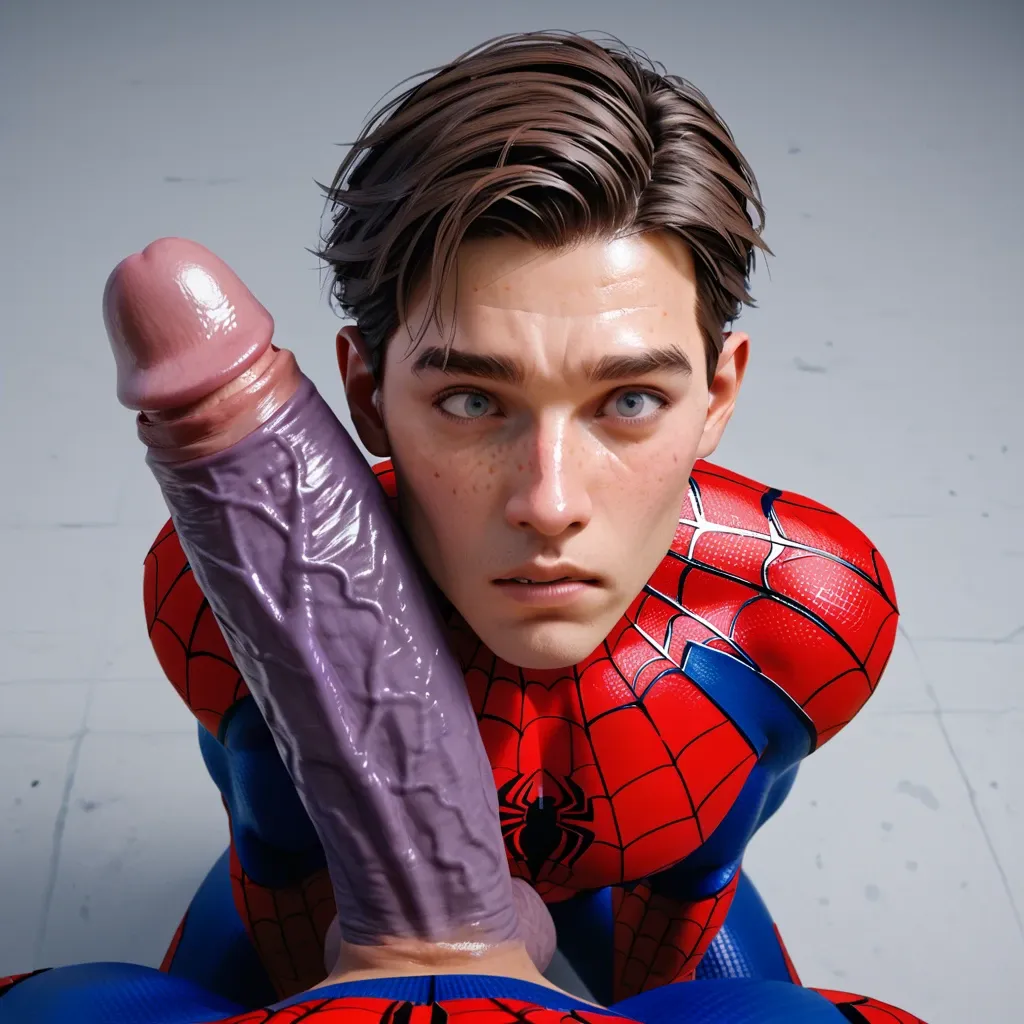 1femboy,3d, Spider-Man (peter parker),Spider-Man outfit, bare face,freckles,brunette,adorable male,, skinny male, huge penis,penis awe,close-up,pov,thanos