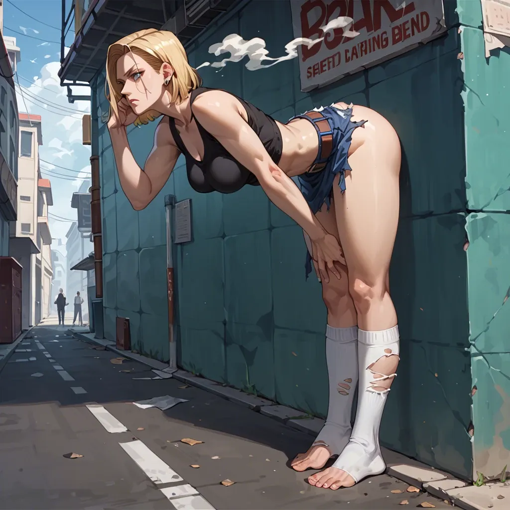 Android 18, torn clothes, long socks, barefoot, confused, thinking, smoke from ears, smoke from head, street, getting arrested, bent over, white long socks