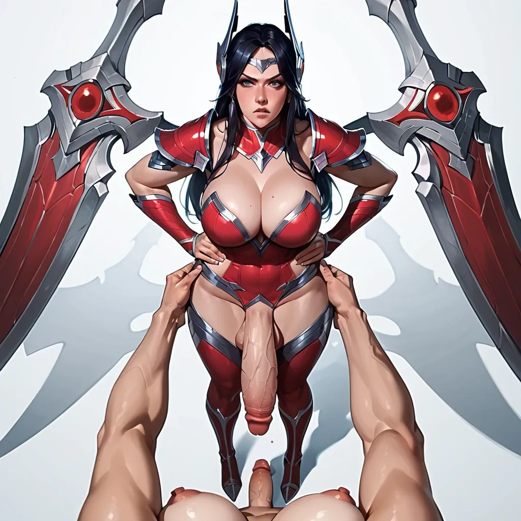 Irelia from League Of Legends, Futanari, big penis, flaccid, Irelia bodysuit, red boots with high heels, huge breasts, cleavage, looking at viewer, hands on hips, angry face, taker is invisible, pov, taker pov, view from below, low angle view