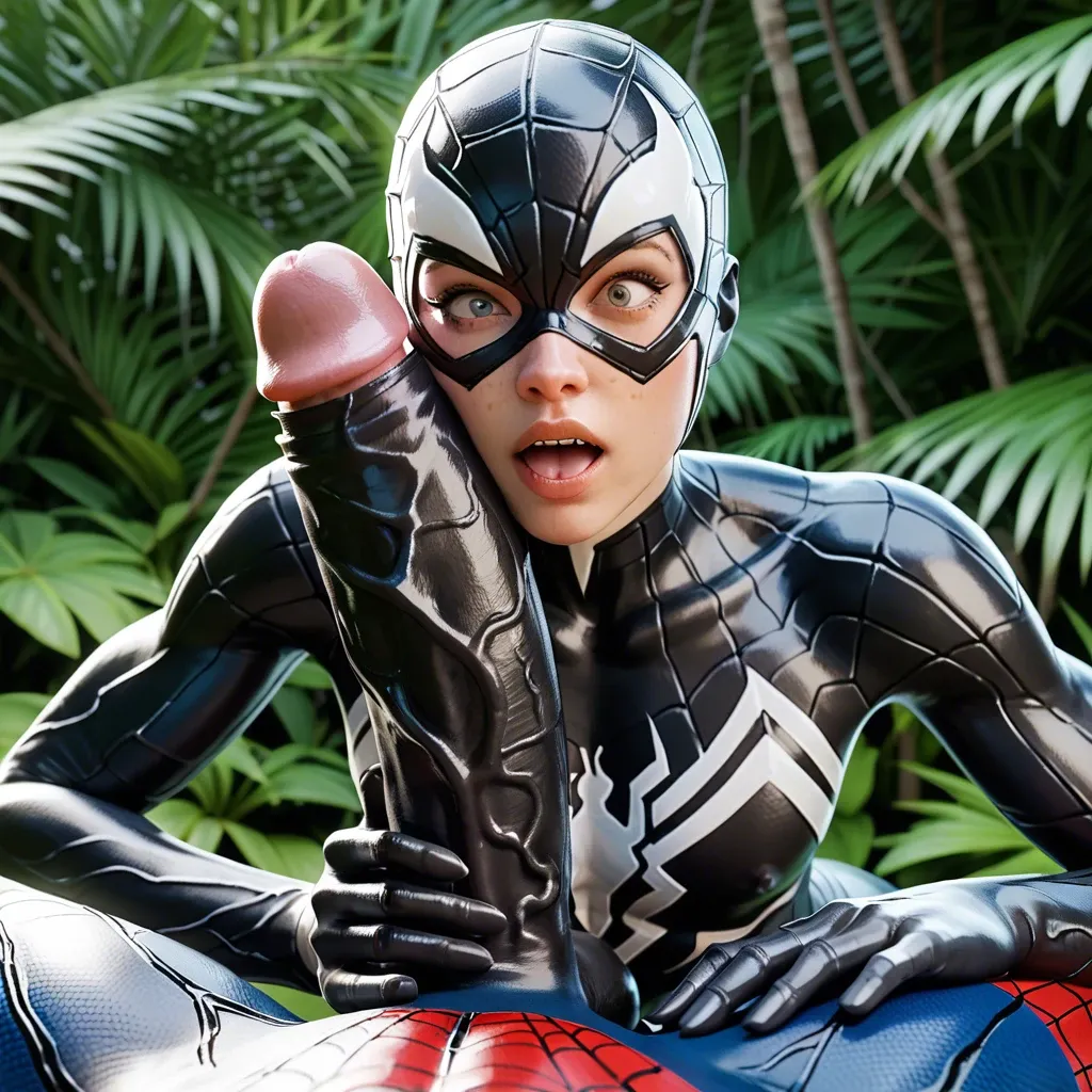 1femboy,3d, Spider-Man (peter parker),freckles,adorable male,girly male,skinny male,Spiderman suit,jungle,mega penis hugging penis,huge cock,penis awe,close-up,pov,venom